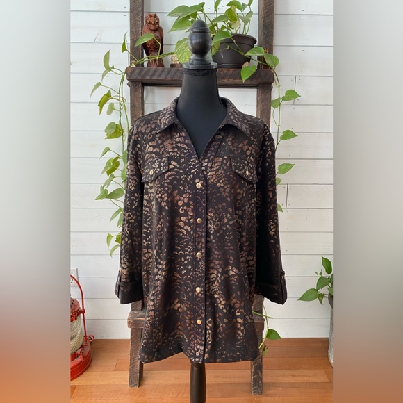 JM Collection: Black and Brown Animal Print  Jacket with Cuffed Sleeves - Picture 5 of 17